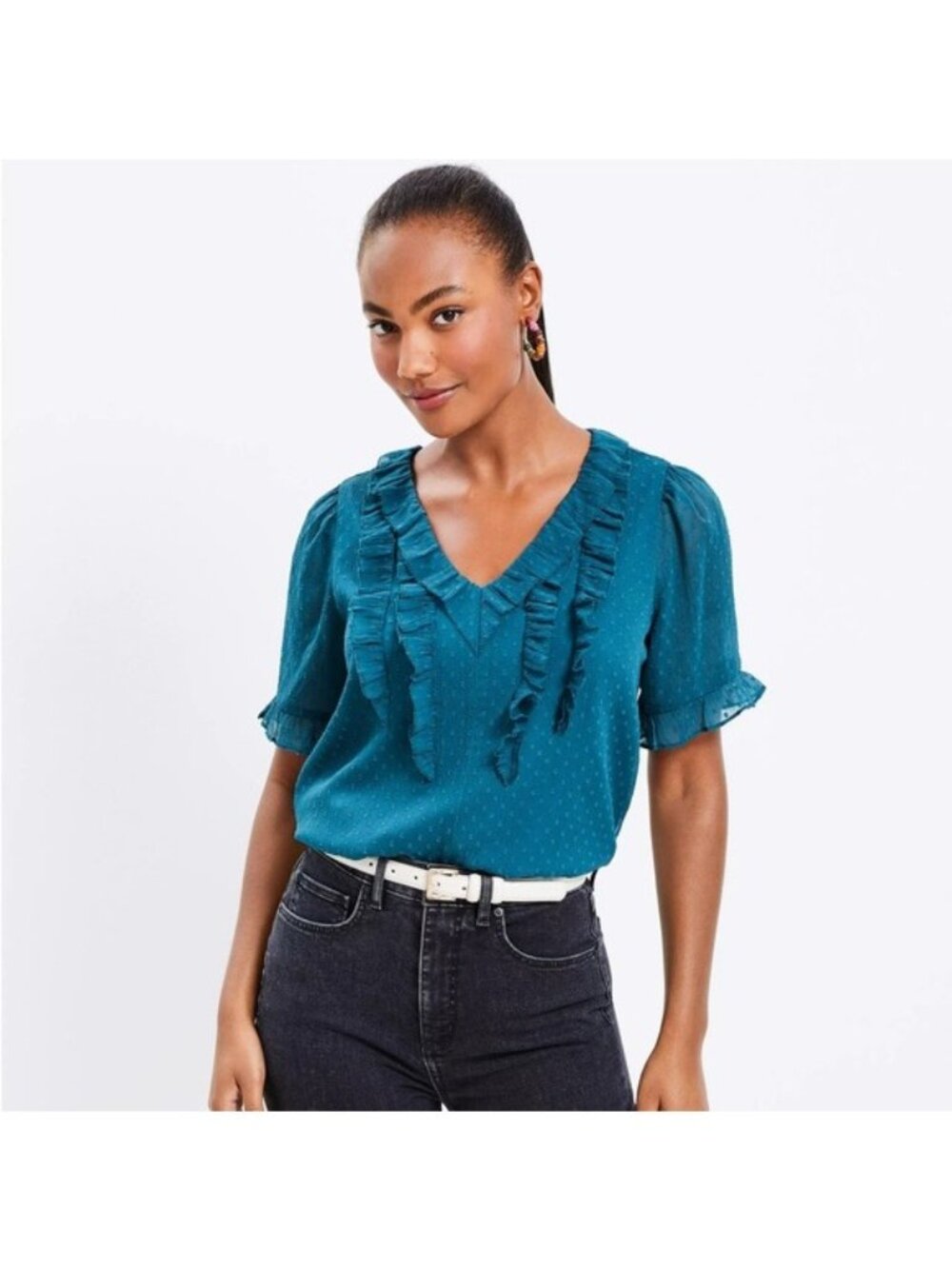 ANN TAYLOR LOFT Blue Ruffle Sleeveless Blouse Career Clip Dot Size Medium NEW